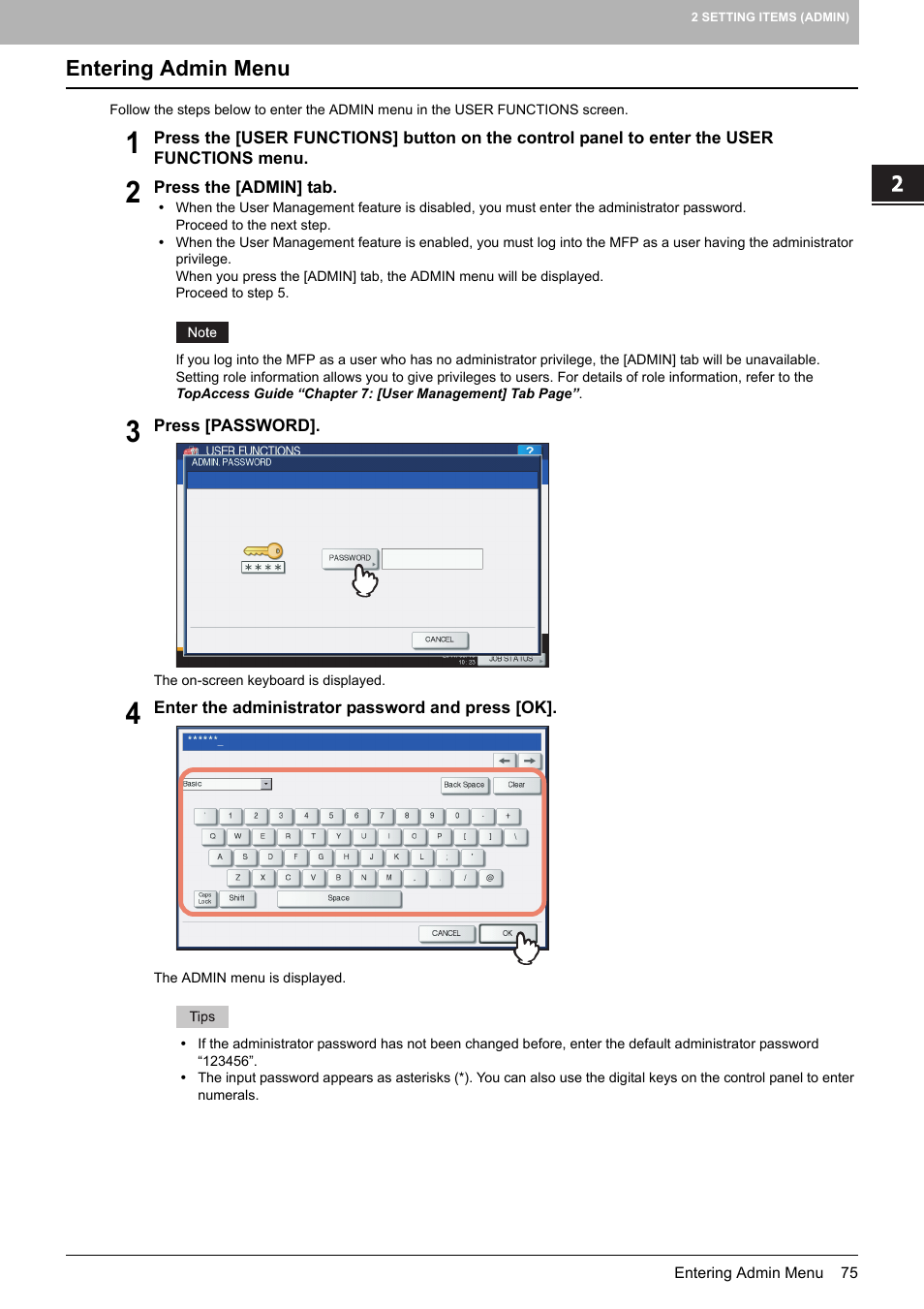 Entering admin menu | Toshiba multifunctional digital color systems e-STUDIO4540C User Manual | Page 77 / 282