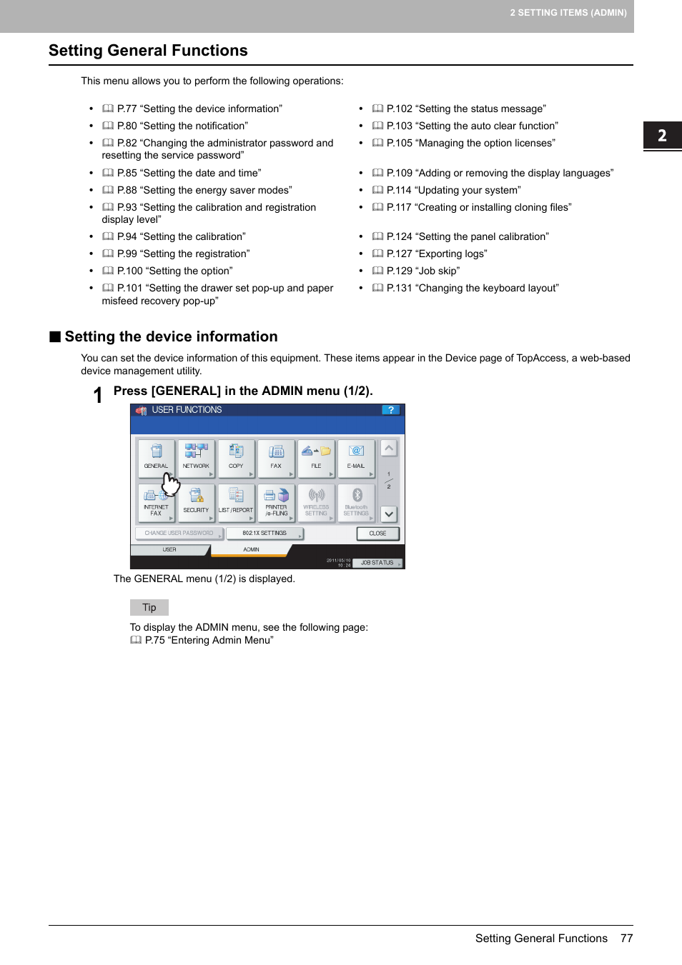 Setting general functions, Setting the device information, P.77 “setting general functions | Toshiba multifunctional digital color systems e-STUDIO4540C User Manual | Page 79 / 282