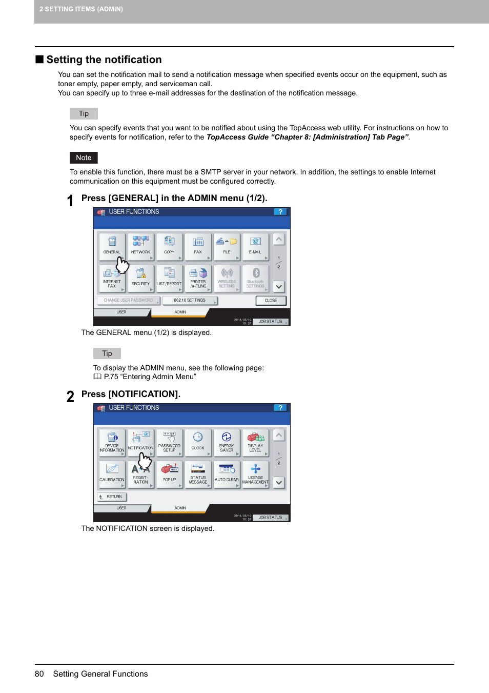 Setting the notification, P.80 “setting the notification | Toshiba multifunctional digital color systems e-STUDIO4540C User Manual | Page 82 / 282