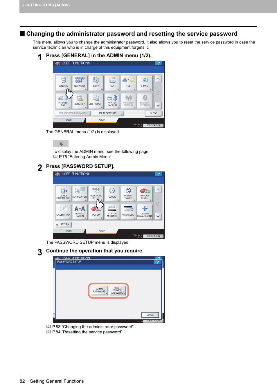 P.82 “changing the administrator password and, Resetting the service password | Toshiba multifunctional digital color systems e-STUDIO4540C User Manual | Page 84 / 282