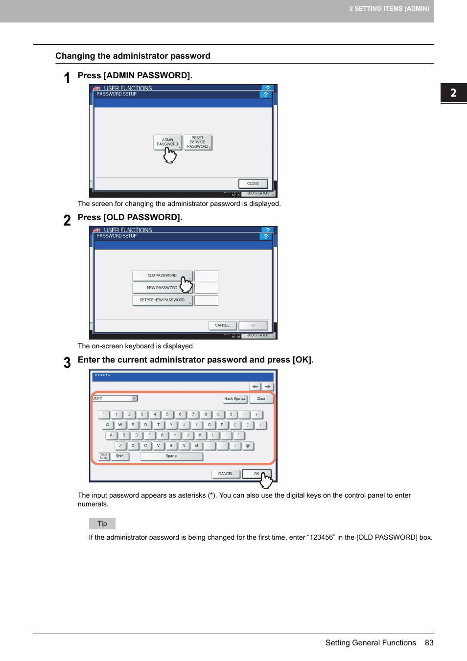 P.83 “changing the administrator password | Toshiba multifunctional digital color systems e-STUDIO4540C User Manual | Page 85 / 282