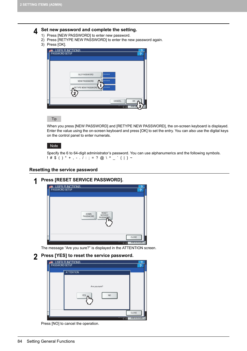 P.84 “resetting the service password | Toshiba multifunctional digital color systems e-STUDIO4540C User Manual | Page 86 / 282