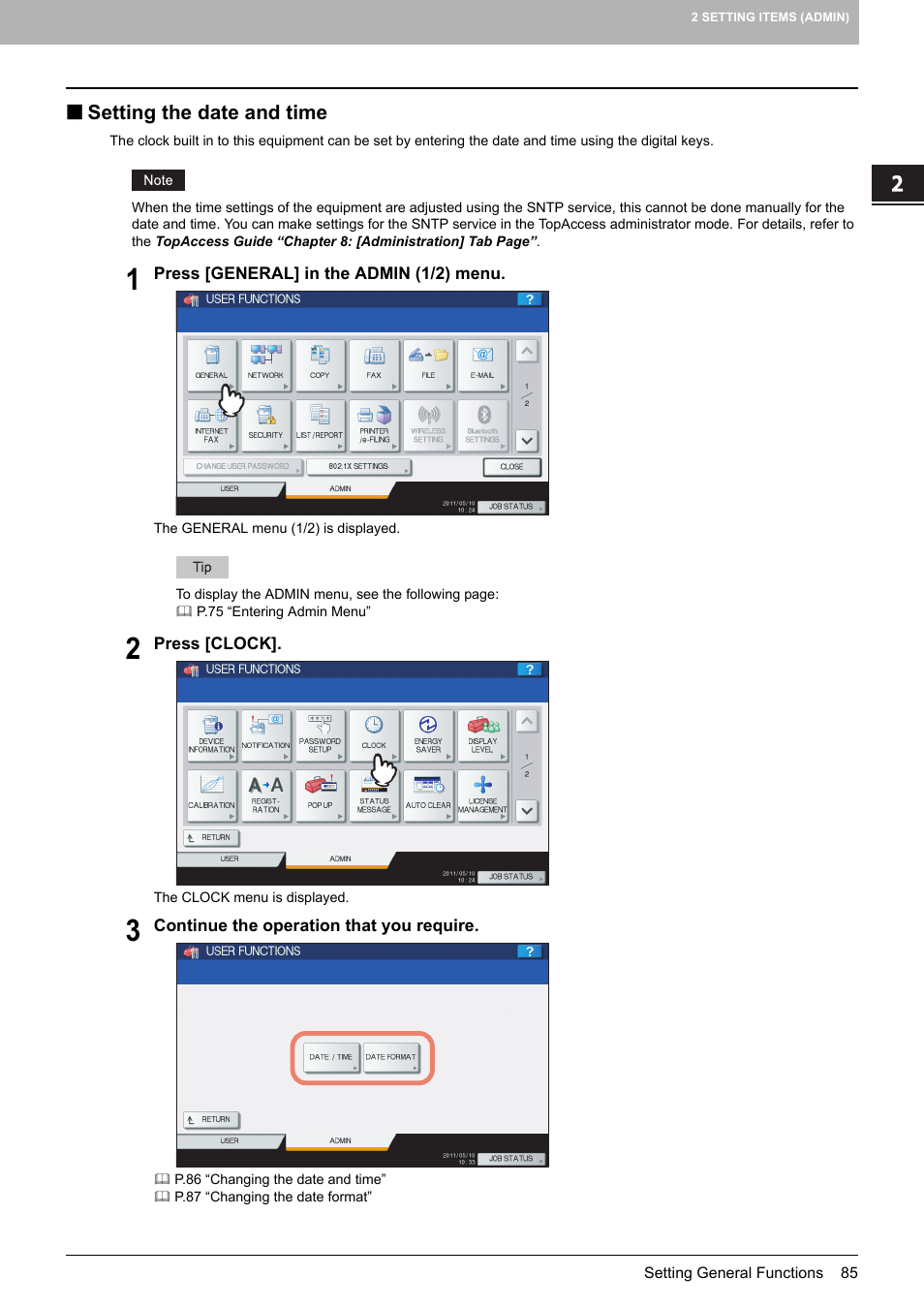Setting the date and time, P.85 “setting the date and time | Toshiba multifunctional digital color systems e-STUDIO4540C User Manual | Page 87 / 282