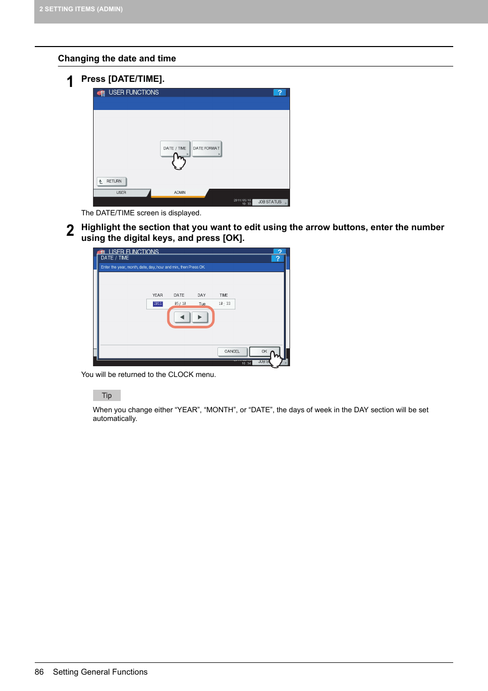 P.86 “changing the date and time | Toshiba multifunctional digital color systems e-STUDIO4540C User Manual | Page 88 / 282