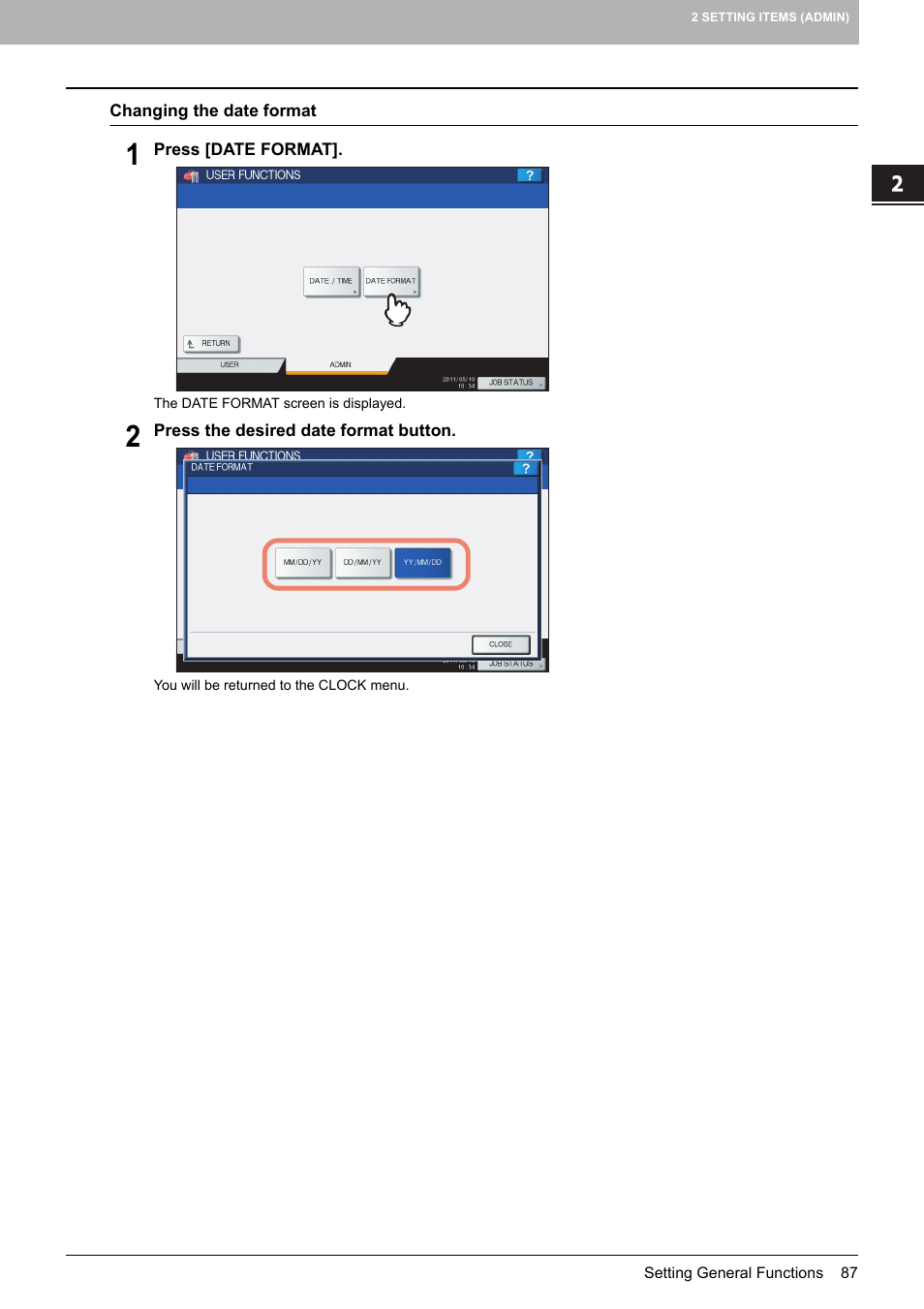 P.87 “changing the date format | Toshiba multifunctional digital color systems e-STUDIO4540C User Manual | Page 89 / 282