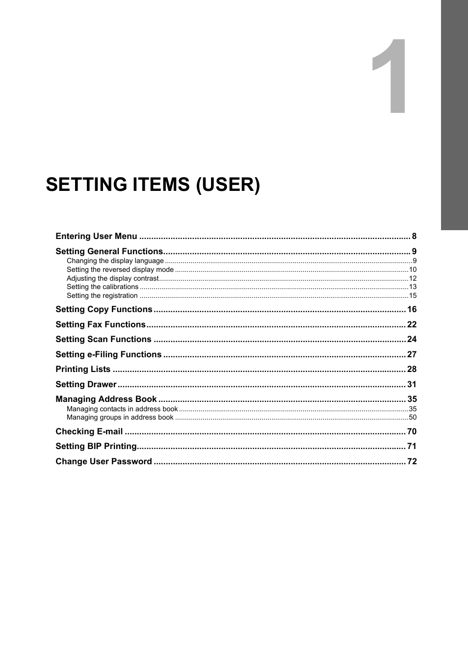 Setting items (user), Chapter 1 | Toshiba multifunctional digital color systems e-STUDIO4540C User Manual | Page 9 / 282