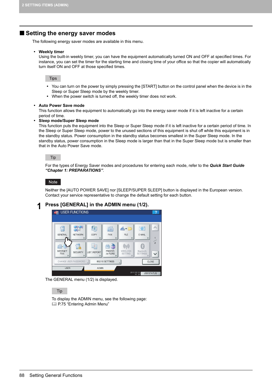 Setting the energy saver modes, P.88 “setting the energy saver modes | Toshiba multifunctional digital color systems e-STUDIO4540C User Manual | Page 90 / 282