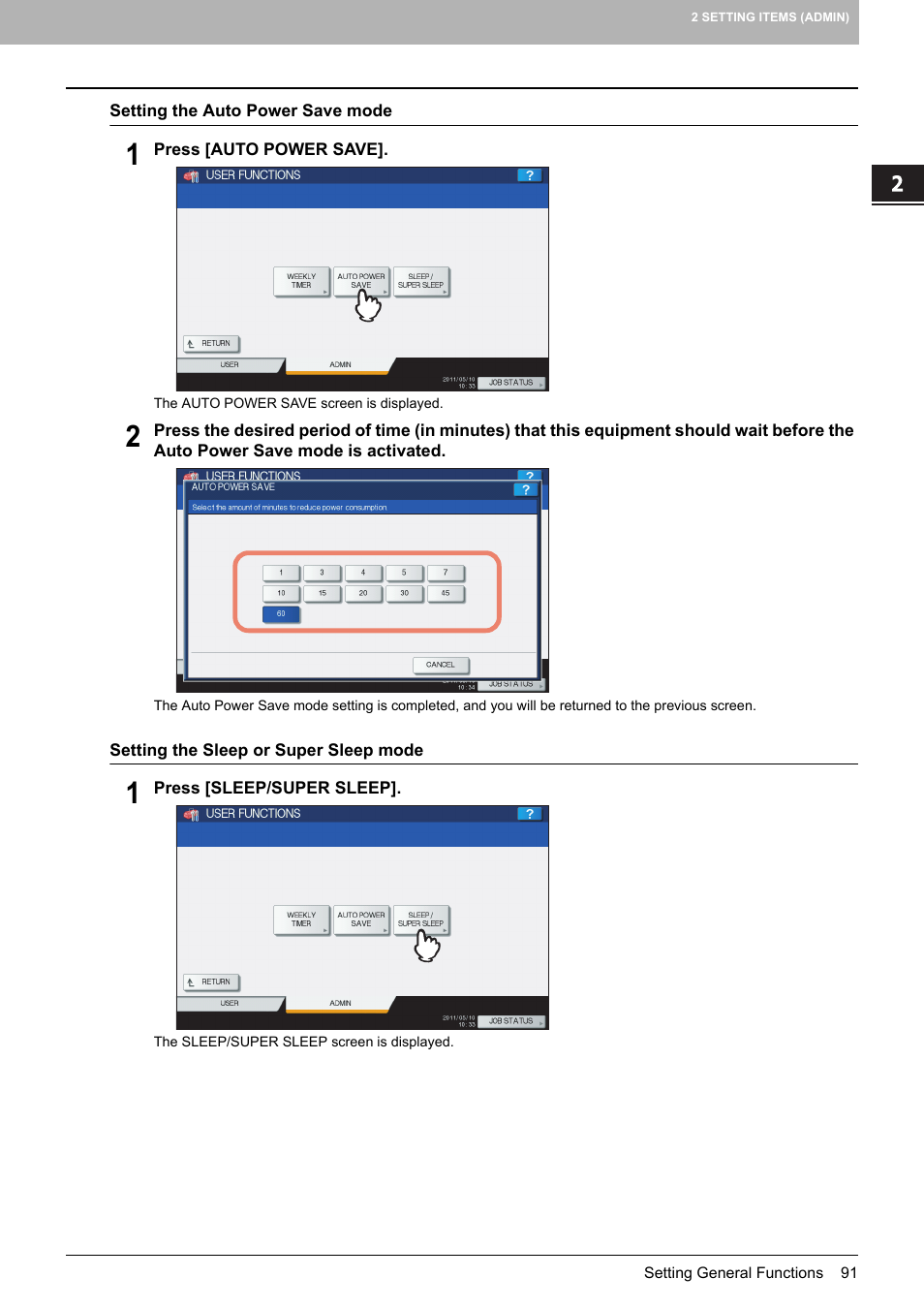 P.91 “setting the auto power save mode, P.91 “setting the sleep or super sleep mode | Toshiba multifunctional digital color systems e-STUDIO4540C User Manual | Page 93 / 282