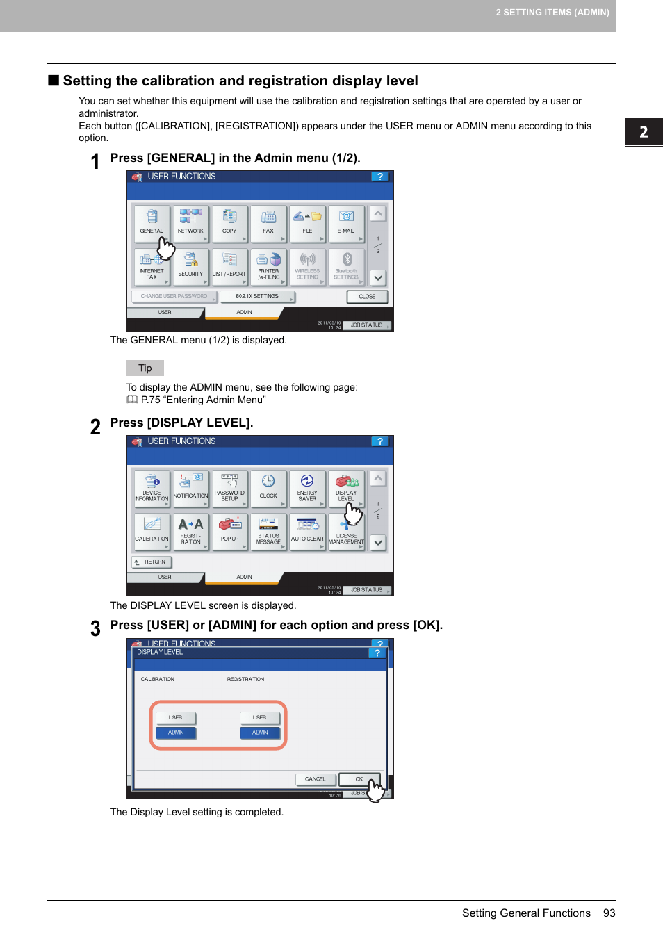 P.93 “setting the calibration and registration, Display level | Toshiba multifunctional digital color systems e-STUDIO4540C User Manual | Page 95 / 282