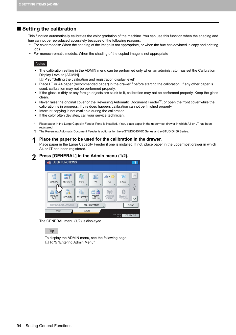 Setting the calibration, P.94 “setting the calibration | Toshiba multifunctional digital color systems e-STUDIO4540C User Manual | Page 96 / 282