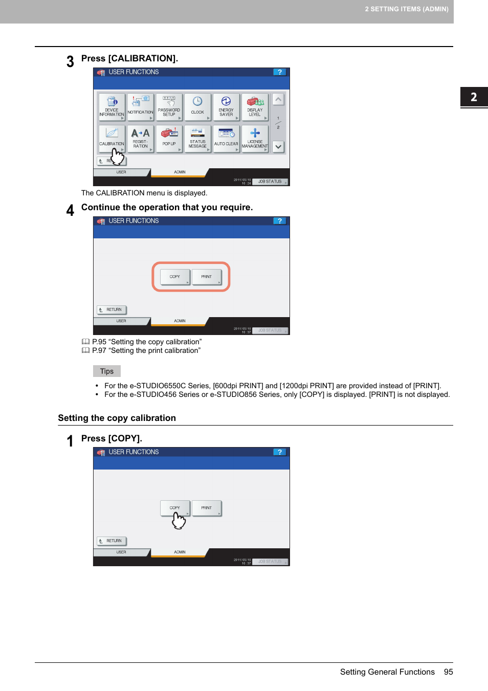 P.95 “setting the copy calibration | Toshiba multifunctional digital color systems e-STUDIO4540C User Manual | Page 97 / 282