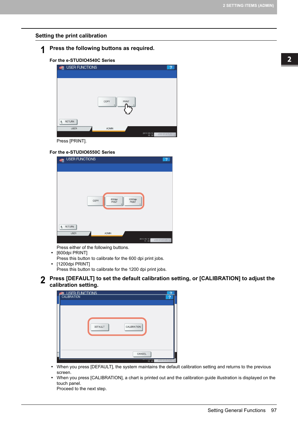 P.97 “setting the print calibration | Toshiba multifunctional digital color systems e-STUDIO4540C User Manual | Page 99 / 282