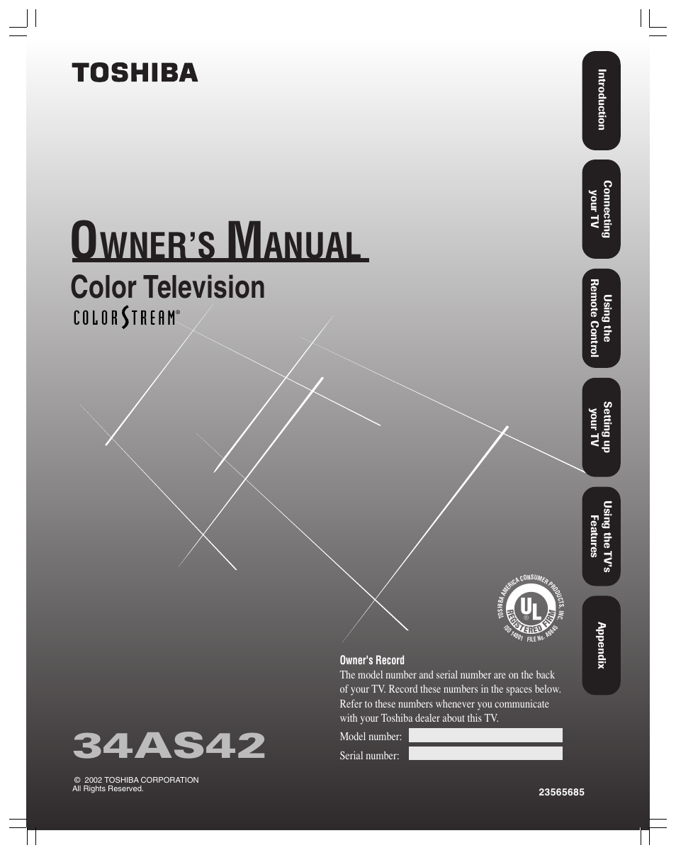 Toshiba Color Television 34AS42 User Manual | 36 pages