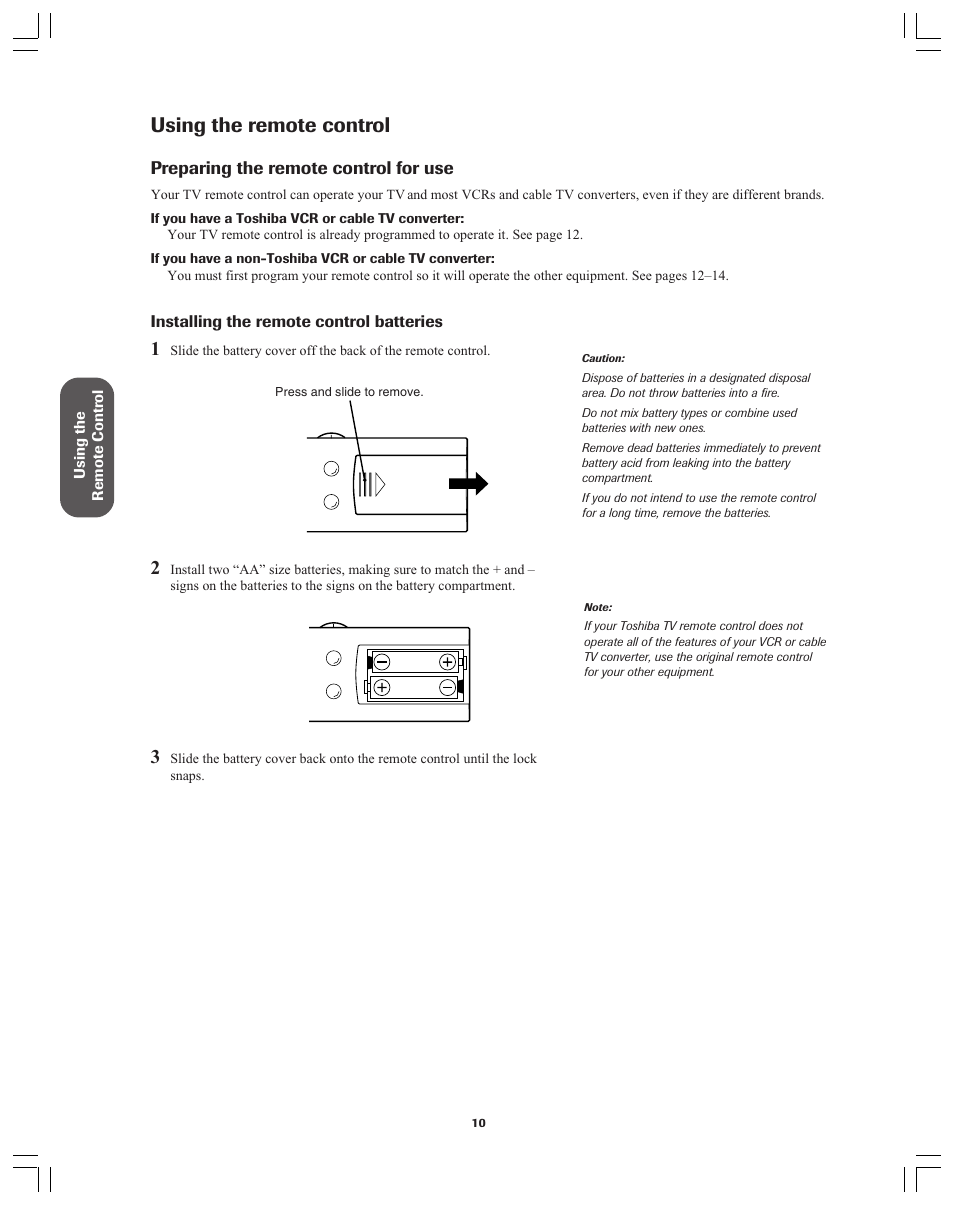 Using the remote control, Preparing the remote control for use | Toshiba Color Television 34AS42 User Manual | Page 10 / 36