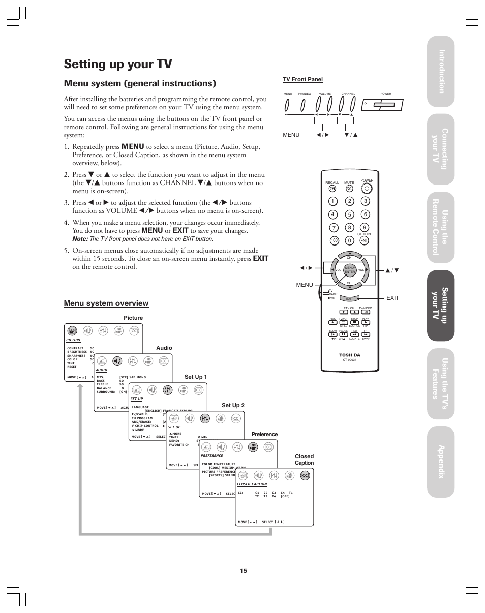 Setting up your tv, Menu system (general instructions), Menu system overview | Toshiba Color Television 34AS42 User Manual | Page 15 / 36