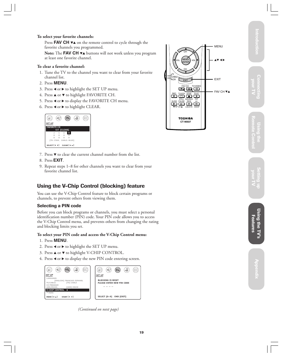 Using the v-chip control (blocking) feature, Selecting a pin code, Press | Continued on next page) | Toshiba Color Television 34AS42 User Manual | Page 19 / 36