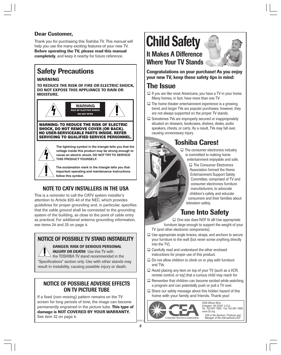 Child safety, It makes a difference where your tv stands, The issue | Toshiba cares, Tune into safety, Safety precautions, Notice of possible tv stand instability | Toshiba Color Television 34AS42 User Manual | Page 2 / 36