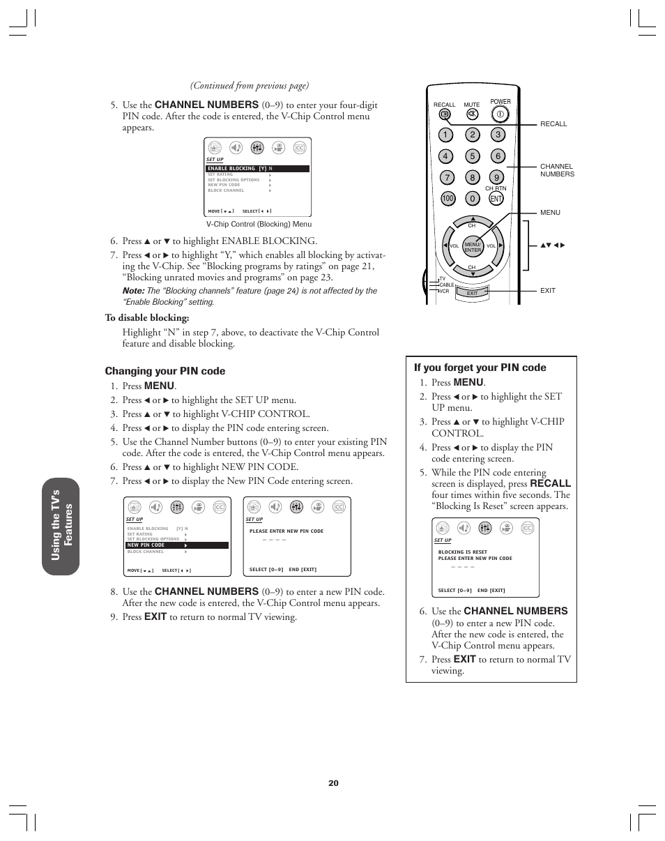 Using the t v’s f eatur es, Changing your pin code, If you forget your pin code | Toshiba Color Television 34AS42 User Manual | Page 20 / 36