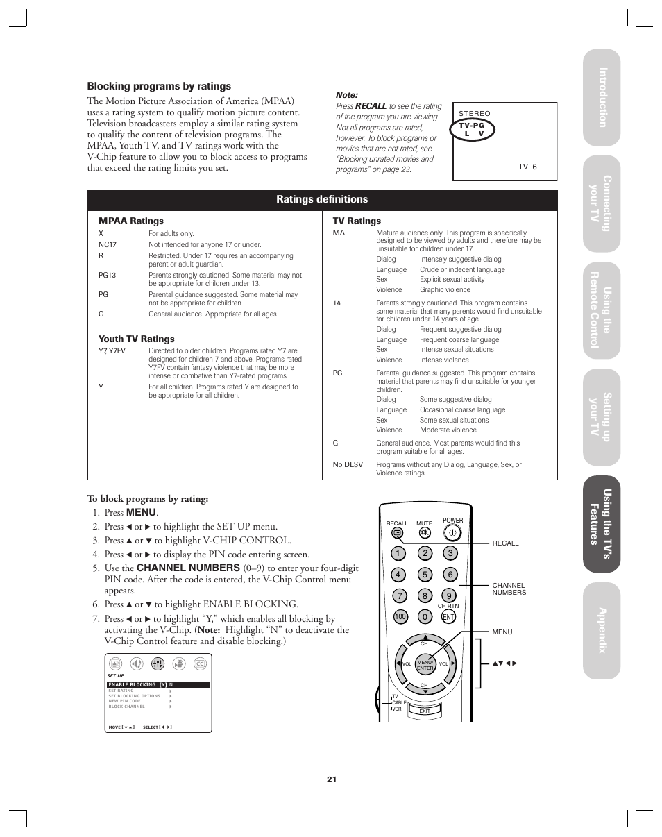 Blocking programs by ratings, Ratings definitions | Toshiba Color Television 34AS42 User Manual | Page 21 / 36