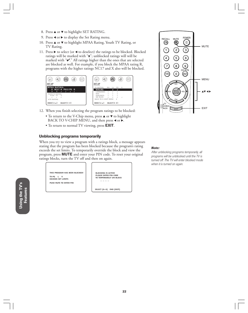 Using the t v’s f eatur es, Unblocking programs temporarily, Press | Toshiba Color Television 34AS42 User Manual | Page 22 / 36