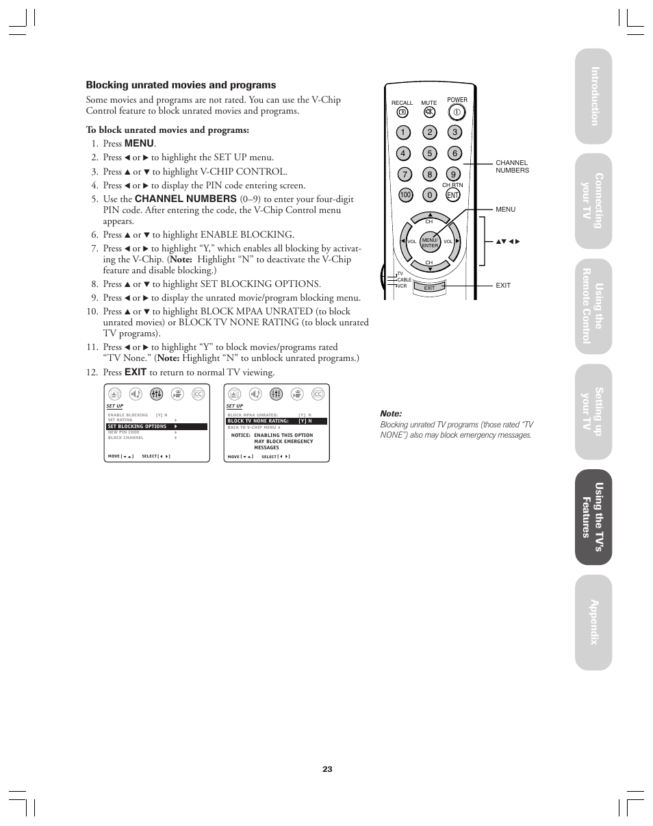 Blocking unrated movies and programs | Toshiba Color Television 34AS42 User Manual | Page 23 / 36