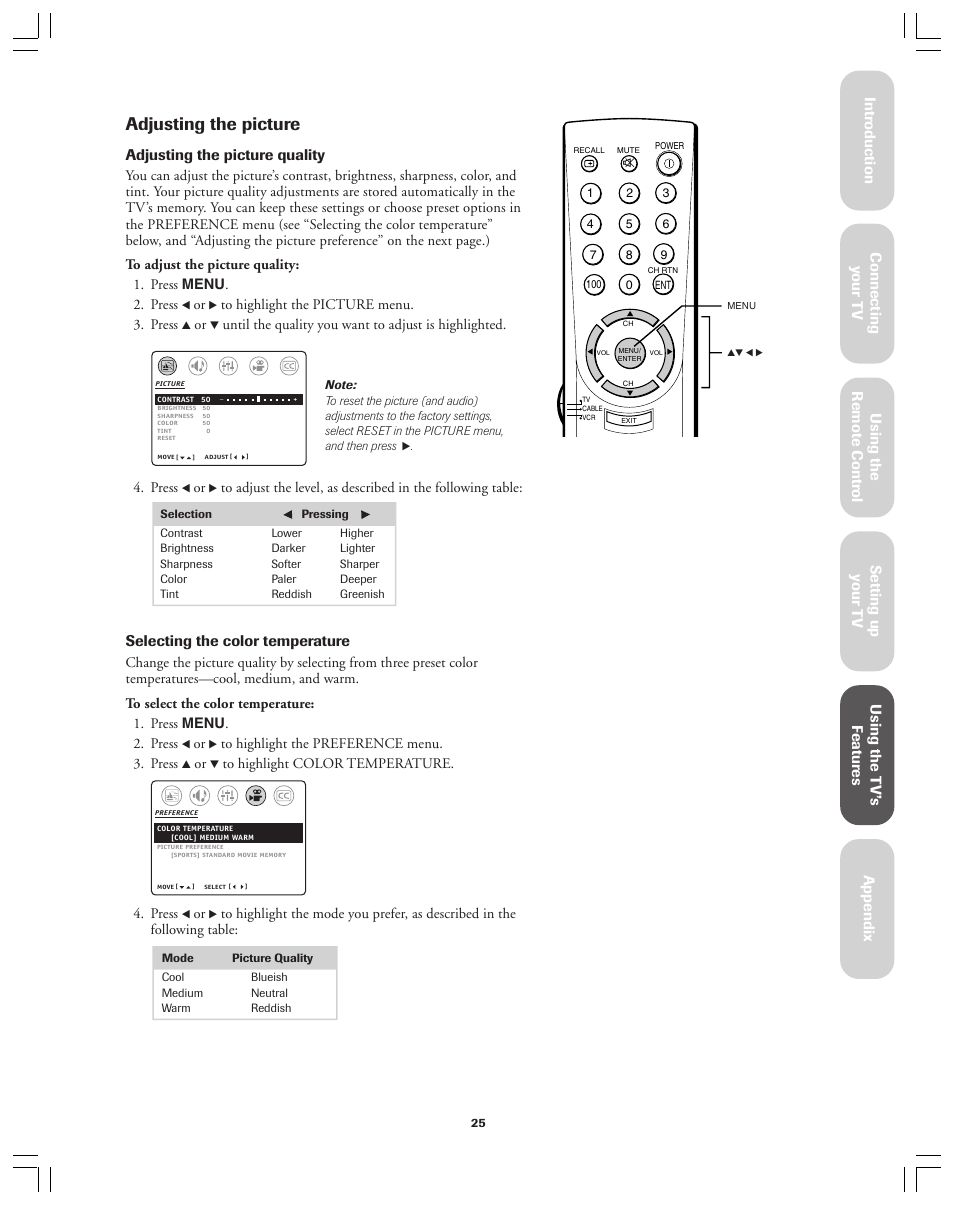 Adjusting the picture, Adjusting the picture quality, Selecting the color temperature | Toshiba Color Television 34AS42 User Manual | Page 25 / 36