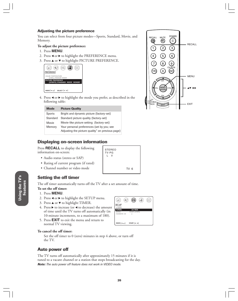 Displaying on-screen information, Setting the off timer, Auto power off | Toshiba Color Television 34AS42 User Manual | Page 26 / 36