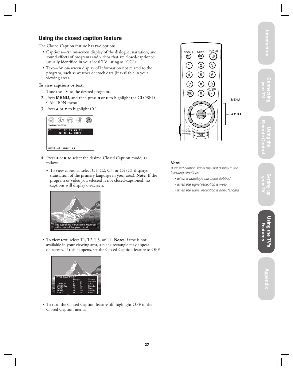 Using the closed caption feature | Toshiba Color Television 34AS42 User Manual | Page 27 / 36