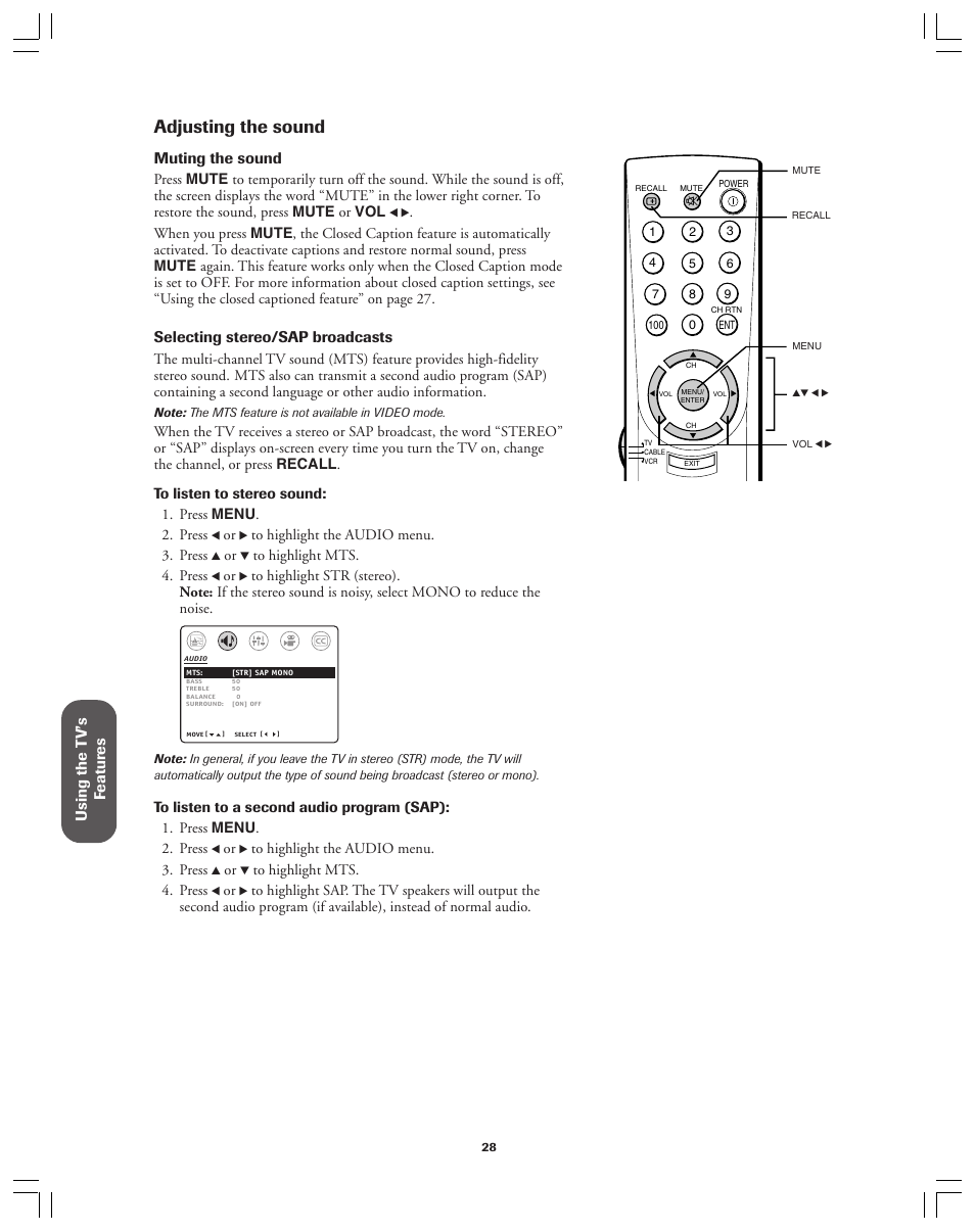 Adjusting the sound, Using the t v’s f eatur es, Muting the sound | Selecting stereo/sap broadcasts | Toshiba Color Television 34AS42 User Manual | Page 28 / 36