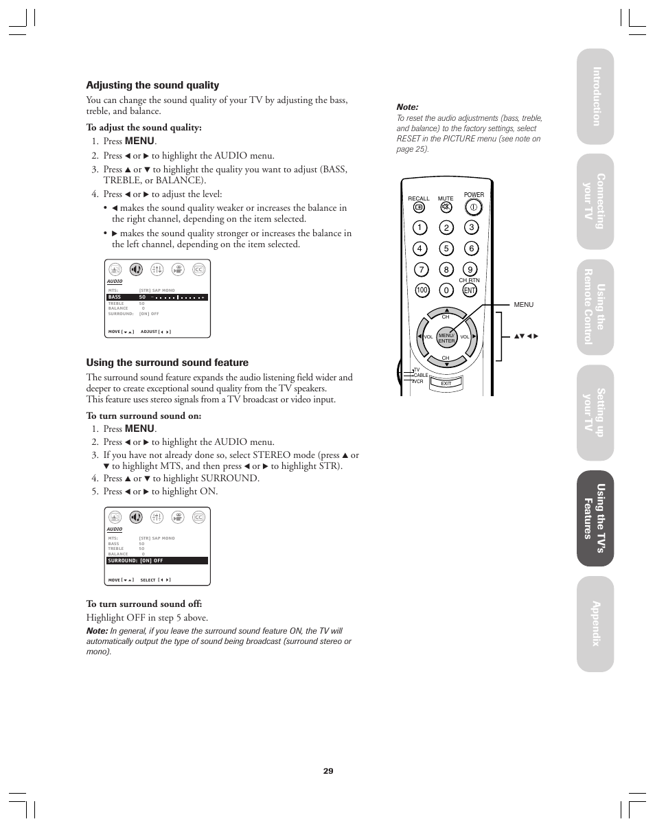 Using the surround sound feature | Toshiba Color Television 34AS42 User Manual | Page 29 / 36