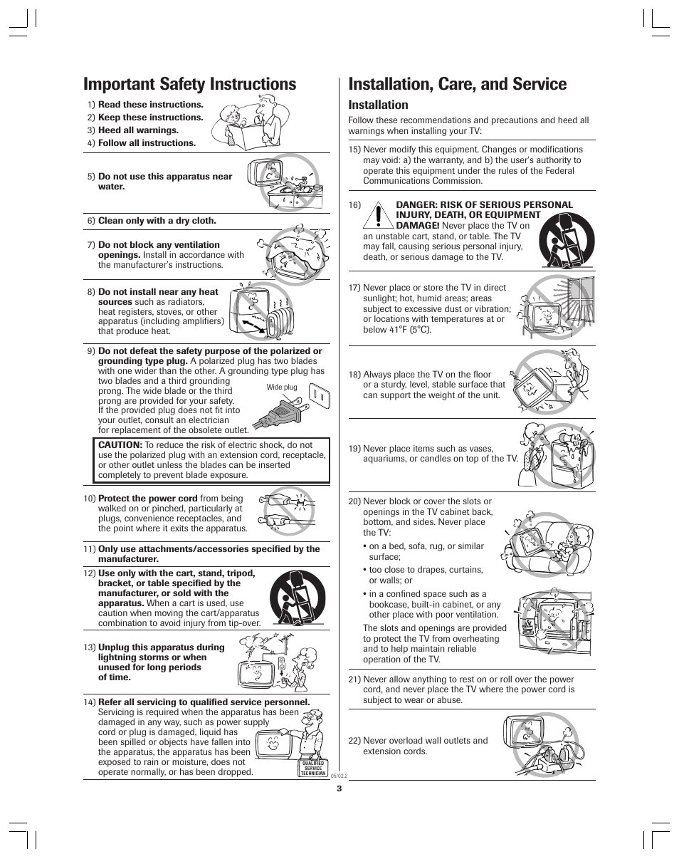 Installation, care, and service, Important safety instructions, Installation | Toshiba Color Television 34AS42 User Manual | Page 3 / 36