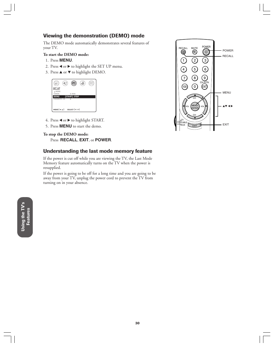 Viewing the demonstration (demo) mode, Using the t v’s f eatur es | Toshiba Color Television 34AS42 User Manual | Page 30 / 36