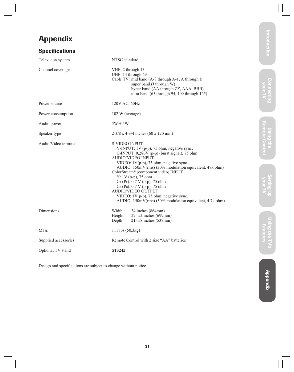 Appendix, Specifications | Toshiba Color Television 34AS42 User Manual | Page 31 / 36