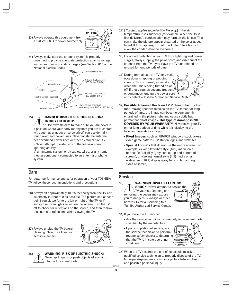 Care, Service | Toshiba Color Television 34AS42 User Manual | Page 4 / 36