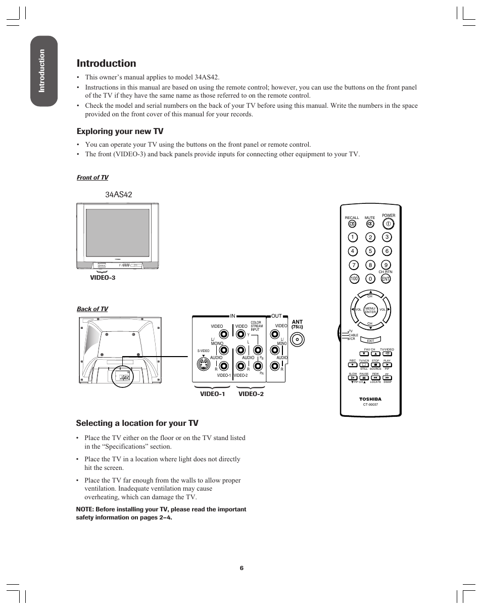 Introduction, Exploring your new tv, 34as42 selecting a location for your tv | Intr oduction | Toshiba Color Television 34AS42 User Manual | Page 6 / 36