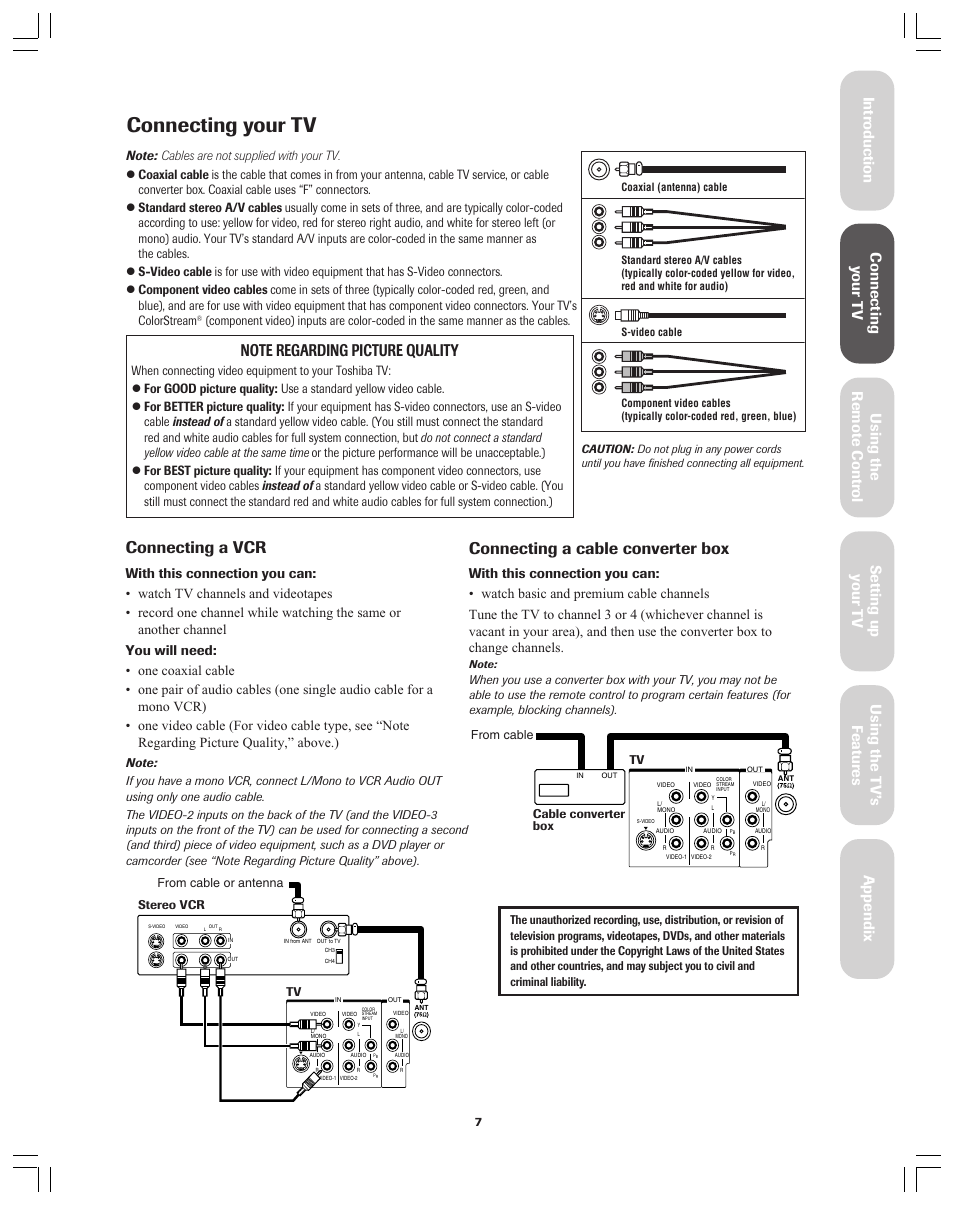 Connecting your tv, Connecting a vcr, Connecting a cable converter box | Toshiba Color Television 34AS42 User Manual | Page 7 / 36