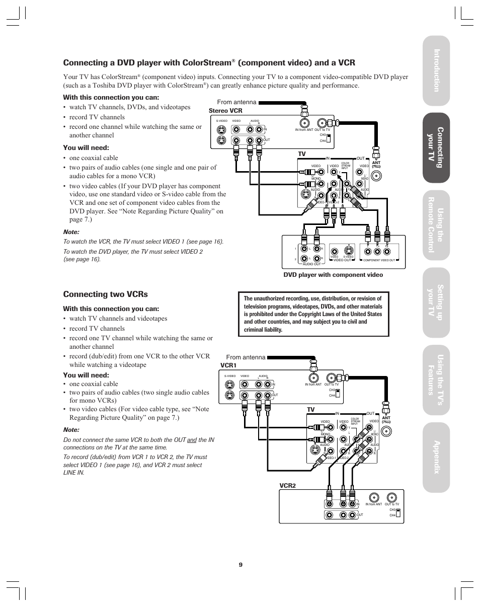 Connecting a dvd player with colorstream, Component video) and a vcr, Connecting two vcrs | Your tv has colorstream | Toshiba Color Television 34AS42 User Manual | Page 9 / 36