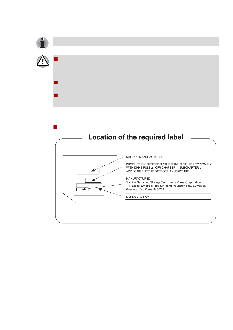 Optical disc drive safety instructions, Toshiba samsung storage technology | Toshiba P750D User Manual | Page 13 / 221