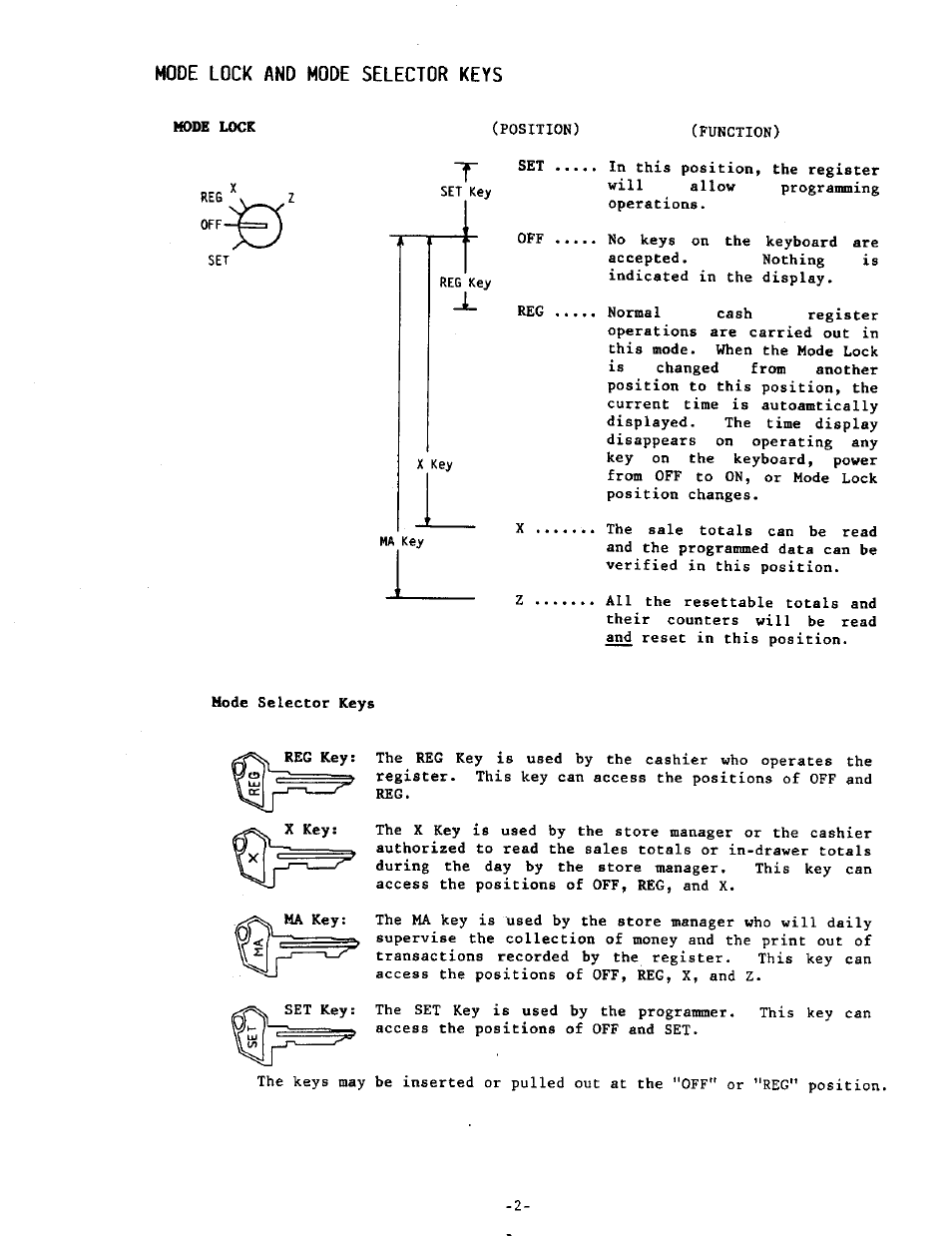Mode lock and mode selector keys | Toshiba MA-215-10 SERIES User Manual | Page 10 / 56