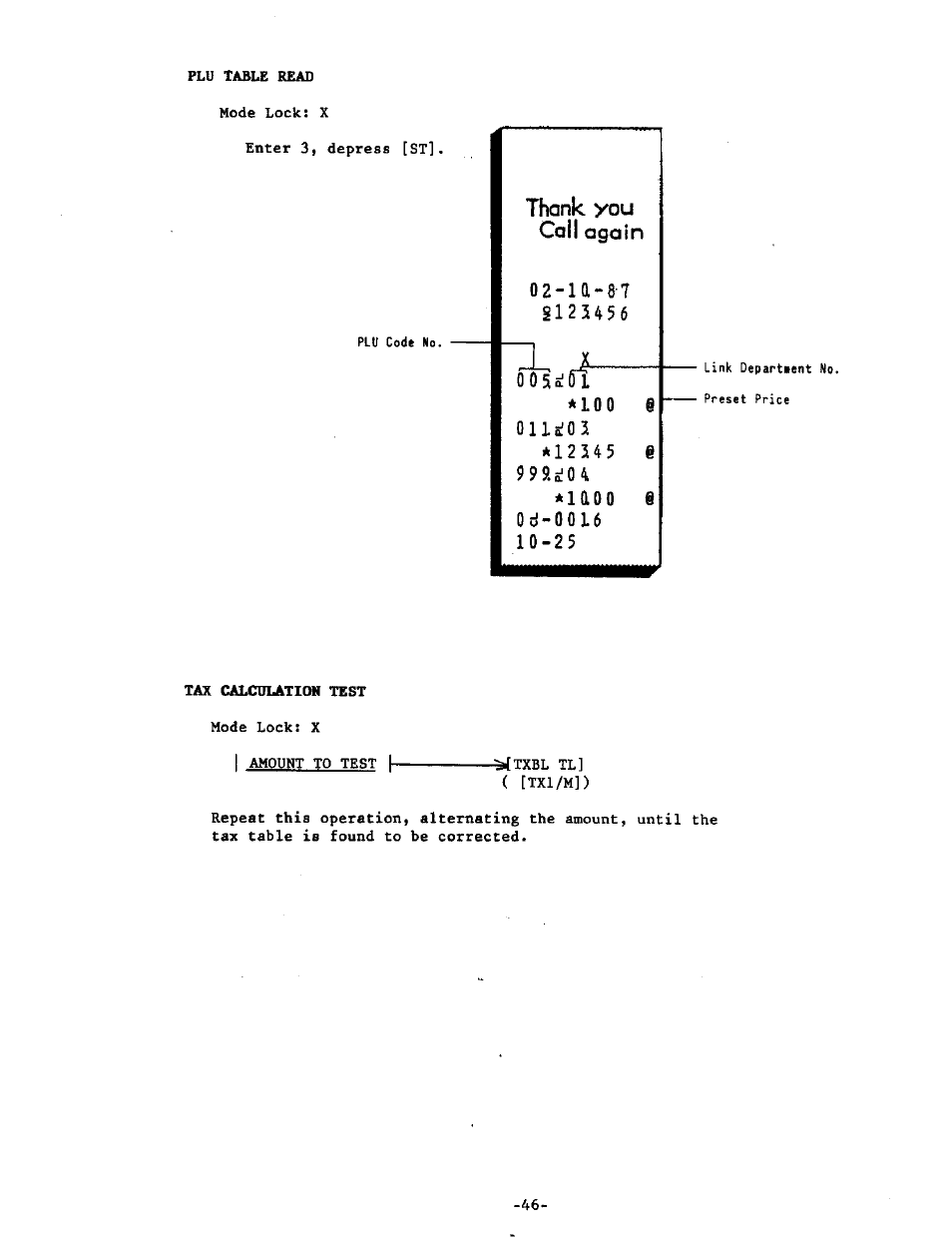 Thank you call again, S12j456, Olla | Od-0016, Tax calculation test | Toshiba MA-215-10 SERIES User Manual | Page 50 / 56