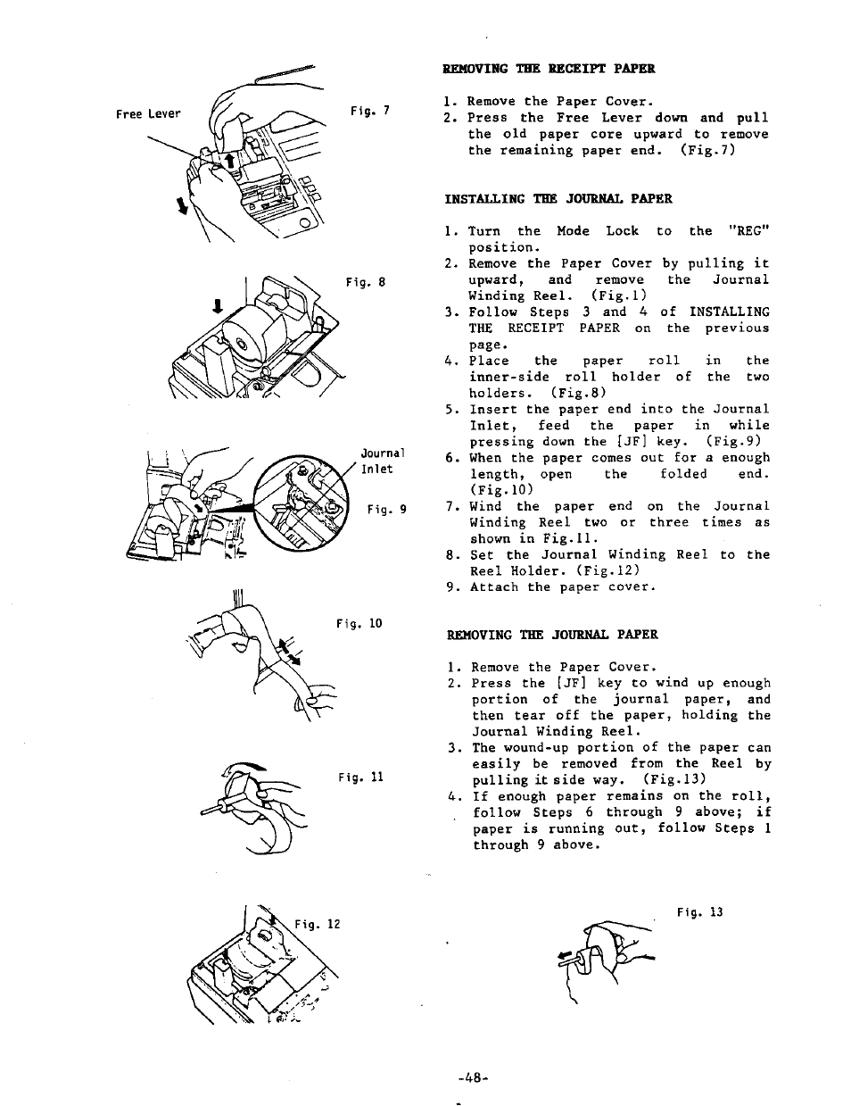 Removing the receipt paper, Installing the journal paper, Removing the journal paper | Toshiba MA-215-10 SERIES User Manual | Page 52 / 56