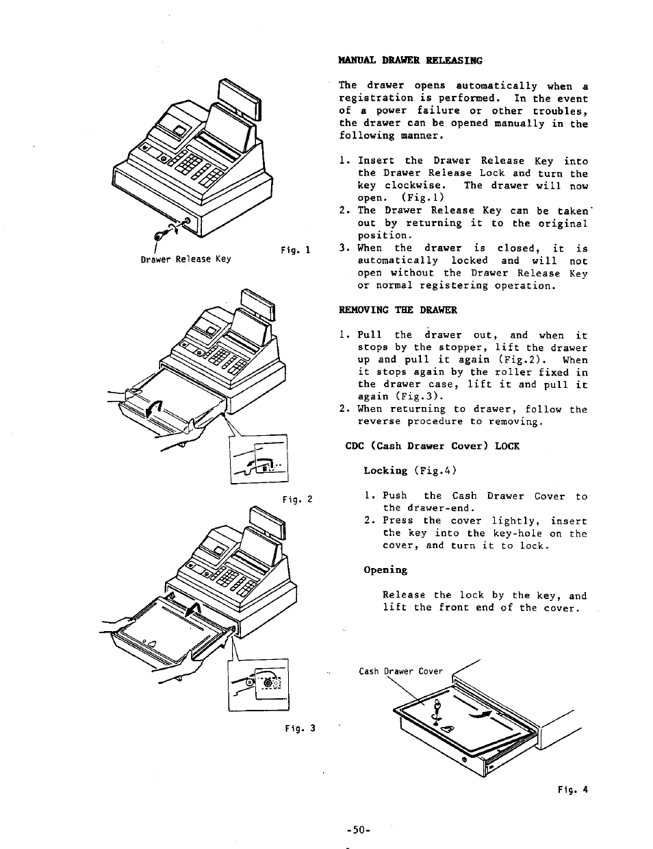 H&ndal drawer releasing, Removing the drawer, Cdc (cash drawer cover) lock | Opening | Toshiba MA-215-10 SERIES User Manual | Page 54 / 56
