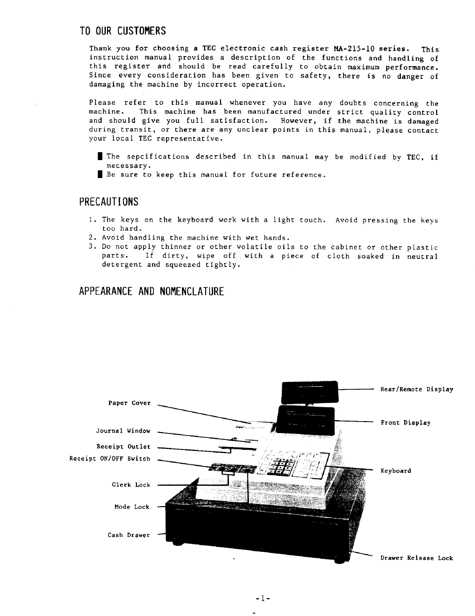 To our customers, Precautions, Appearance and nomenclature | Toshiba MA-215-10 SERIES User Manual | Page 7 / 56