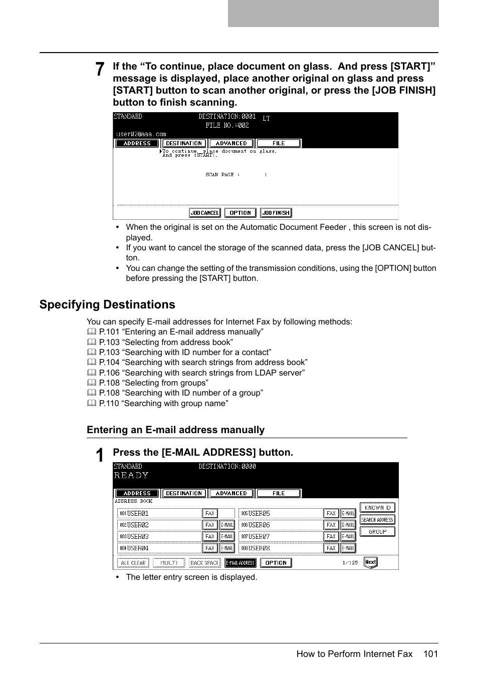 Specifying destinations, P.101 “specifying destinations | Toshiba E-STUDIO 352 User Manual | Page 101 / 142