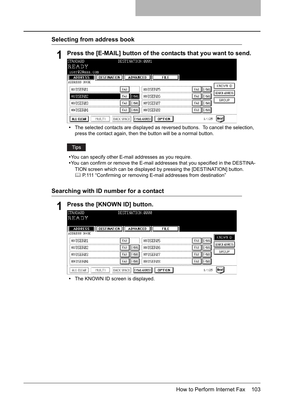 P.103 “selecting from address book, P.103 “searching with id number for a contact | Toshiba E-STUDIO 352 User Manual | Page 103 / 142
