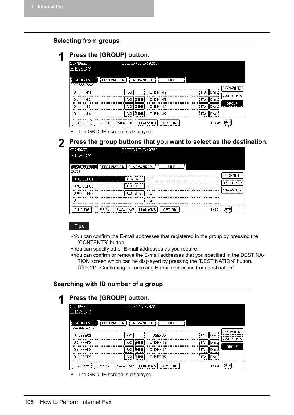 P.108 “selecting from groups, P.108 “searching with id number of a group | Toshiba E-STUDIO 352 User Manual | Page 108 / 142