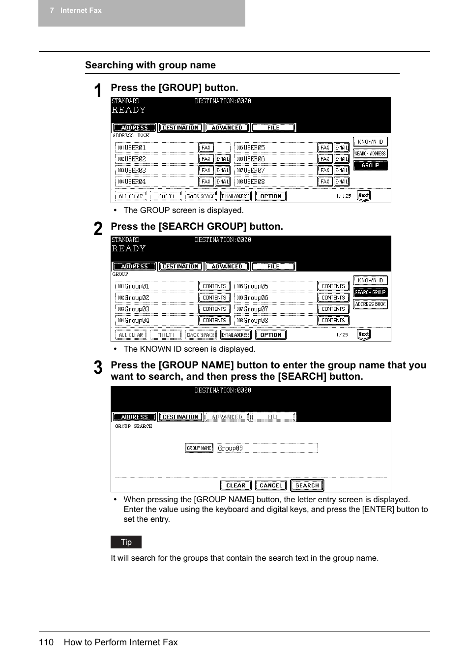 P.110 “searching with group name | Toshiba E-STUDIO 352 User Manual | Page 110 / 142