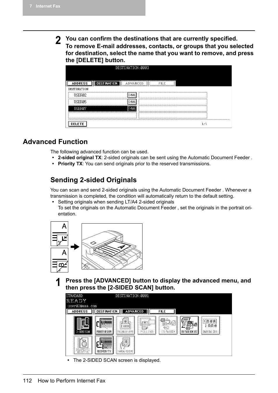 Advanced function, Sending 2-sided originals, P.112 “advanced function | Toshiba E-STUDIO 352 User Manual | Page 112 / 142