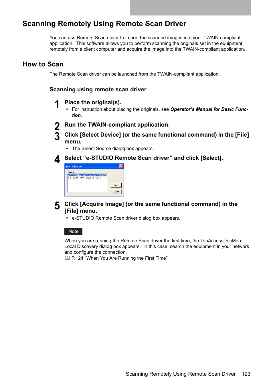 Scanning remotely using remote scan driver, How to scan | Toshiba E-STUDIO 352 User Manual | Page 123 / 142