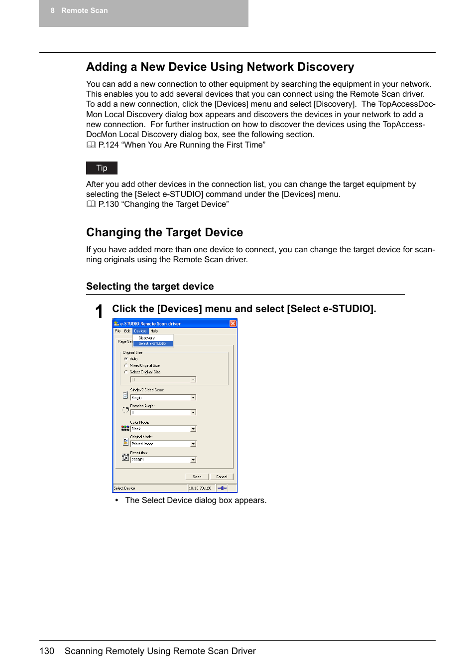 Adding a new device using network discovery, Changing the target device, P.130 “adding a new device using network discovery | P.130 “changing the target device | Toshiba E-STUDIO 352 User Manual | Page 130 / 142